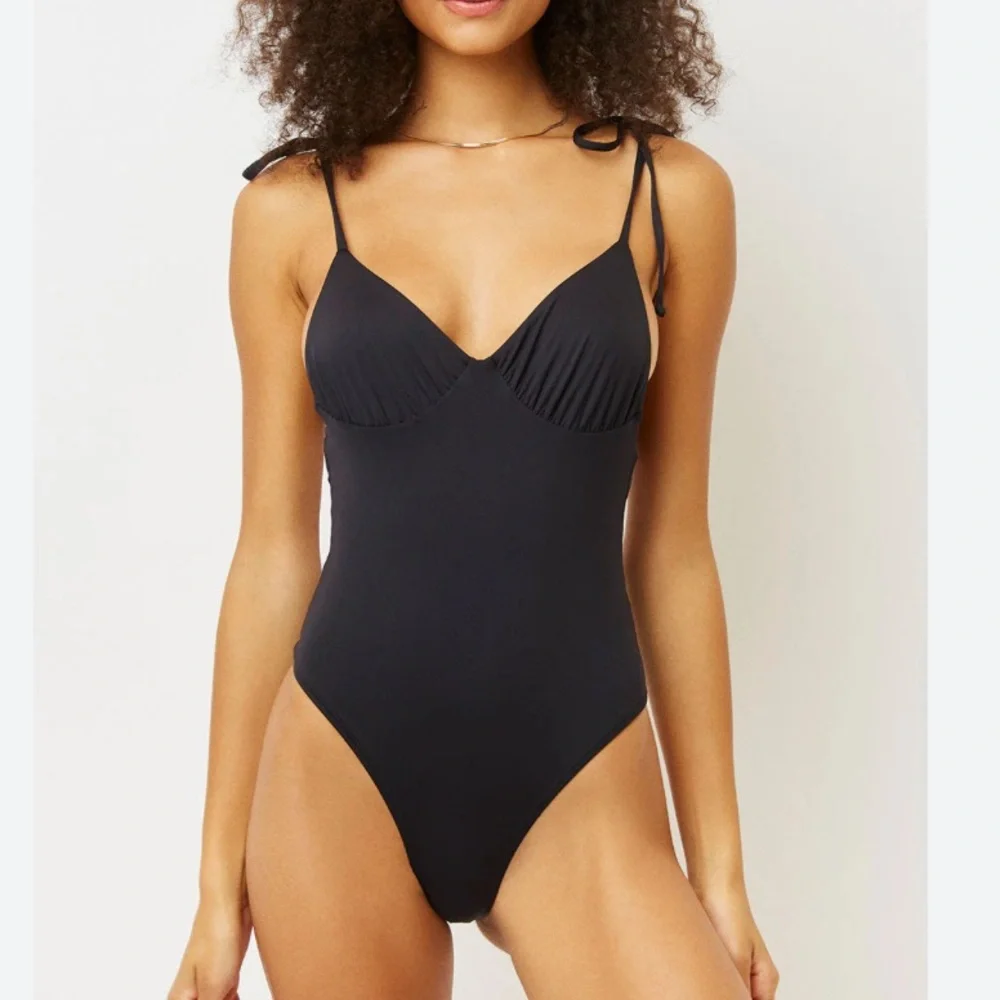 NWOT Frankie’s bikini otis cheeky Black One-Piece Swimsuit tie shoulder size S